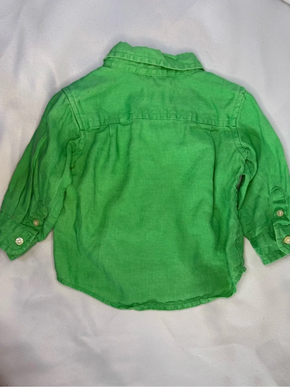 The Children’s Place - 100% Linen Bundle of 2 Button-Up Shirts- Blue/Green 6-9Mo